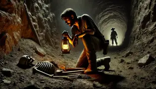 En un oscuro túnel de mina, Diego Ayala se arrodilla, desenterrando una mano esquelética mientras una presencia sombría e invisible lo observa desde atrás.