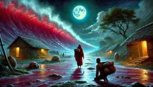 Awa y Malik huyen de Lago Retba bajo la luz de la luna, con las oscuras aguas del lago removiéndose ominosamente detrás de ellos, presagiando el peligro.