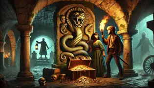Isabella y Mateo descubren el tesoro maldito en una cripta bajo la Catedral de San Juan, mientras el fantasma de Diego se cierne a sus espaldas.