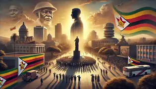 Une statue de Mbuya Nehanda à Harare, où les gens se rassemblent en hommage alors que son esprit veille sur le Zimbabwe sous le ciel doré du coucher de soleil.