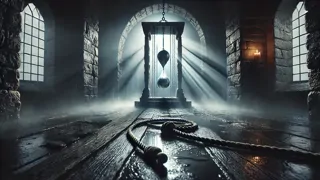Interior of a medieval dungeon cell with flickering candles, stains on the stone floor, and a suspended blade device