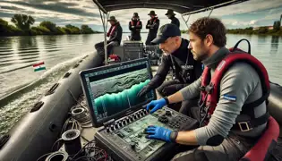 Arqueólogos a bordo de un barco de investigación utilizan equipos de sonar para explorar el río Tisza, detectando el contorno de una ciudad medieval sumergida.