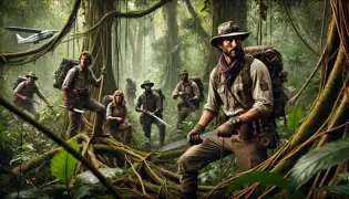 Un equipo de exploradores abre paso a través de densas lianas de jungla con machetes, rodeados de altos árboles y una vegetación exuberante.
