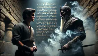 Rustam Khan, empuñando su espada, se enfrenta al Djinn que sonríe de manera burlona en unas ruinas tenuemente iluminadas, adornadas con inscripciones mágicas que brillan en las paredes.