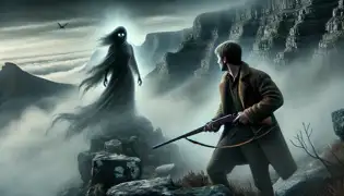 Lukas Marais sujeta su rifle mientras la espectral Bruja de la Montaña de la Mesa emerge de la niebla envolvente, sus ojos resplandecientes atravesando la bruma.