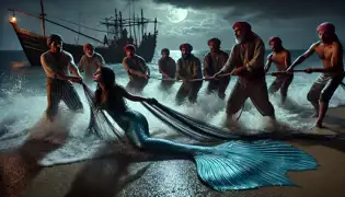 Los aldeanos capturan a Layla en una red de pesca mientras ella se debate por liberarse, mientras que Youssef lucha por rescatarla bajo la fría luz de la luna.