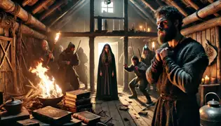 Katla se queda paralizada de sorpresa al ver su hogar destrozado, mientras Magnus y los aldeanos armados se agrupan en la puerta, revelando así su traición.