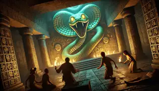Une chambre secrète sous Tikal, ornée de fresques de serpents, où des intrus terrifiés sont éclairés à la lueur des torches.