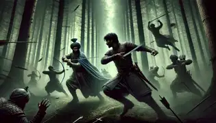 El príncipe Arman y Ramin luchan contra mercenarios en un denso y brumoso bosque, donde las espadas chocan en una feroz emboscada.