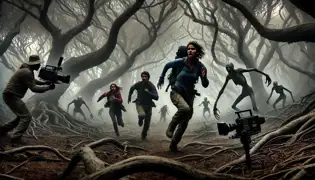 Tres exploradores aterrorizados huyen a través de un bosque oscurecido, perseguidos por figuras sombrías que emergen de la niebla.