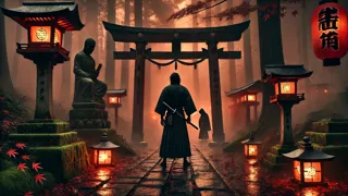 Masaru enfrentándose a un asesino encapuchado bajo el torii iluminado por faroles al atardecer.