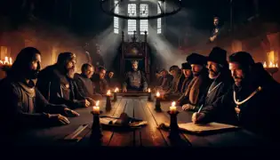 O imperador Carlos IV e seu conselho discutem um aviso de traição na grandiosa sala do Castelo de Karlštejn, enquanto a tensão paira no ar.