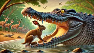 Un momento tenso mientras una liebre coloca su pata dentro de las fauces abiertas de un cocodrilo, poniendo a prueba su velocidad e inteligencia en un juego arriesgado.