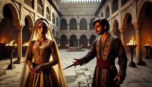 Layla, vestida con un vestido de novia dorado, permanece petrificada mientras su hermano Malik bloquea su escape en el patio del palacio.