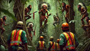 Los guerreros waorani, ocultos en la selva, observan a los trabajadores de la compañía petrolera que marcan árboles en la selva amazónica.