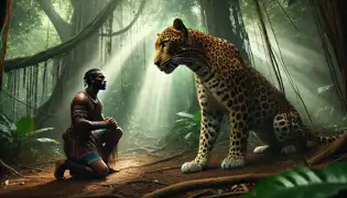 Ngombo se arrodilla con calma ante un gran leopardo en la jungla, mostrando respeto mientras el poderoso felino lo observa de cerca.