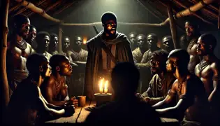 Njamba, un guerrero decidido, reúne a sus seguidores en una cabaña tenuemente iluminada, sus rostros iluminados por la luz de las velas mientras trazan planes de rebelión.