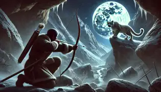 Un cazador apunta su arco hacia un leopardo de las nieves bajo la luz de una luna llena, pero un viento divino hace añicos la flecha antes de que pueda impactar.