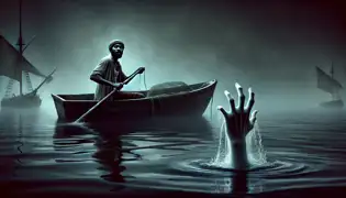 Una mano fantasmal emerge de las aguas oscuras mientras Elias Jn-Pierre saca su red, su rostro congelado en sorpresa y miedo.