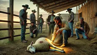 Los rancheros y el sheriff están inspeccionando ovejas que fueron asesinadas misteriosamente al amanecer en un rancho de Texas.