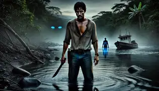 Miguel se encuentra en la orilla del río, sosteniendo un machete, mirando con inquietud los ojos azules que brillan bajo las aguas turbias.