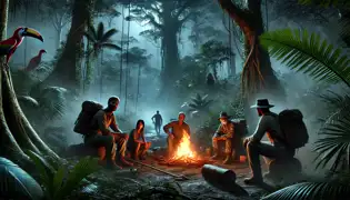 An expedition team sits around a campfire in the jungle, looking tense as eerie shadows and whispers emerge from the darkness.