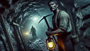 Diego Ayala, un minero robusto, se encuentra inmóvil en un túnel tenuemente iluminado, aferrando su pico mientras un susurro espectral resuena a sus espaldas.