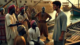 Una tensa confrontación en un pueblo pesquero de Senegal, donde un grupo de pescadores celosos acusan a Malik, mientras los aldeanos observan con suspense.