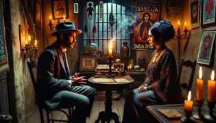 Rafael Espinosa se sienta ansiosamente frente a Isabela La Divina en una tienda de adivinación tenue, rodeado de artefactos místicos.