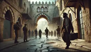 Un artesano camina cerca de la Puerta de Damasco, bajo la atenta vigilancia de guardias armados, rodeado por las antiguas murallas de Jerusalén.