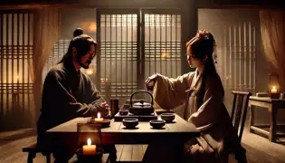 Hong Gildong y Chun-hee se sientan en una casa de té tenuemente iluminada, discutiendo planes secretos contra el Ministro Kim mientras degustan copas de vino de arroz.