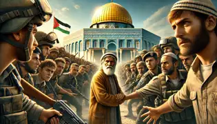 Civiles forman una cadena humana para bloquear el paso a los colonos en la Mezquita de Al-Aqsa, con la cúpula dorada brillando al fondo.