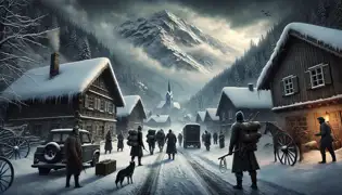 Un grupo de exploradores parte de una aldea austriaca cubierta de nieve, cerca del Untersberg, ignorando las advertencias del pastor.