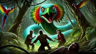 El Mbói Tu’i, una enorme serpiente de escamas esmeralda y cabeza de loro, surge de la jungla, frente a unos exploradores aterrorizados.