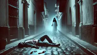 Un joven yace sin vida en un callejón débilmente iluminado, con los pies ensangrentados, mientras huellas fantasmales se desvanecen en la oscura neblina.