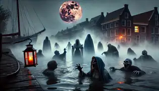 Figuras fantasmales emergen de las brumas del río IJssel, extendiendo sus brazos hacia los aterrorizados habitantes del pueblo bajo el siniestro resplandor de la Luna de Sangre.