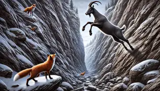 The brave goat leaps skillfully up the rocky ravine while the shocked fox watches, realizing it has been outwitted.