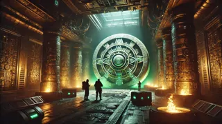 Arqueólogos que examinan engranajes de obsidiana con glifos aztecas en una cámara oculta