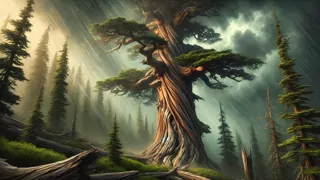 Gran cedro con ramas retorcidas que enfrentan los vientos de la tormenta bajo un cielo oscuro