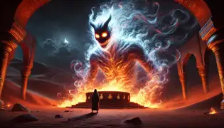 Un imponente djinn formado de humo y fuego emerge del antiguo pozo, mirando a Amina con ojos resplandecientes como brasas.