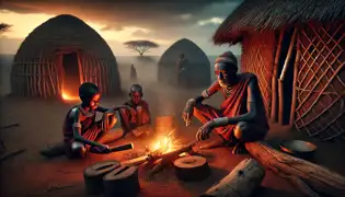 Ekaru y su padre, Lobuin, se sientan junto a una fogata en una aldea Turkana al anochecer, conversando sobre la leyenda del Bailarín Nocturno.
