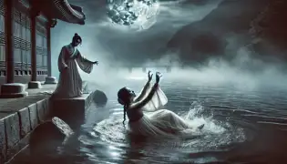 Seo Ha-eun cae al oscuro río Han, sus manos alcanzando desesperadamente la salvación, mientras Choi Joon-ho observa en un arrepentimiento congelado.