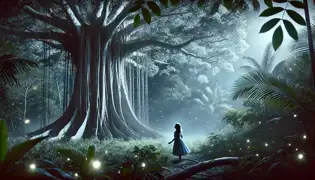 Una niña joven toca el tronco luminoso de la Ceiba Encantada bajo la luz de la luna, rodeada de luciérnagas en la selva.