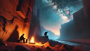A traveler reflects by a campfire under a starlit sky as the Mogulon Beast watches from distant canyon shadows.