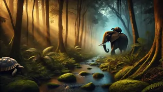 Elefante llevando a una tortuga entre sus patas en el bosque al atardecer