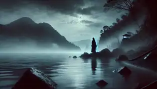 Isabela se encuentra sola en los acantilados que dominan el sereno Lago Atitlán, sosteniendo una misteriosa piedra, mientras figuras fantasmales se deslizan por debajo.
