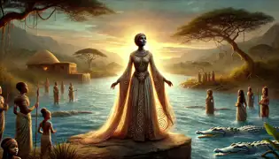 Luyando, ahora transformada, se encuentra junto al río vestida con túnicas fluidas, mientras los aldeanos la observan con reverencia. El río ha vuelto a estar en calma.