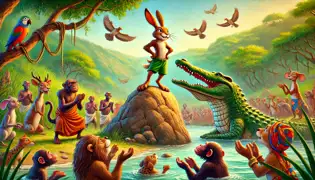 Una liebre triunfante se encuentra sobre una roca mientras los animales de la jungla vitorean, mientras que un crocodrilo humillado observa con admiración y derrota.