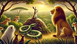 La liebre triunfante se sienta con orgullo mientras la pitón derrotada se desliza lejos, con el león a su lado en señal de reconocimiento.