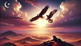L'aigle et le faucon s'élèvent ensemble dans le ciel du soir, leur rivalité ayant cédé la place au respect, tandis que les animaux du désert les observent en contrebas.